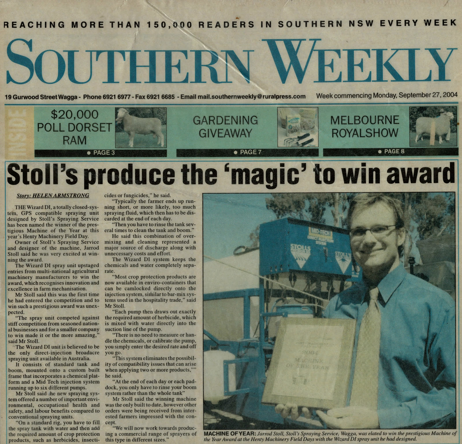 The front page of the Southern Weekly of 27 September 2004, headlined “Stoll’s produce the ‘magic’ to win award”, with Jarrod Stoll holding the Machine of the Year plaque beside the Wizard DI spray unit he designed