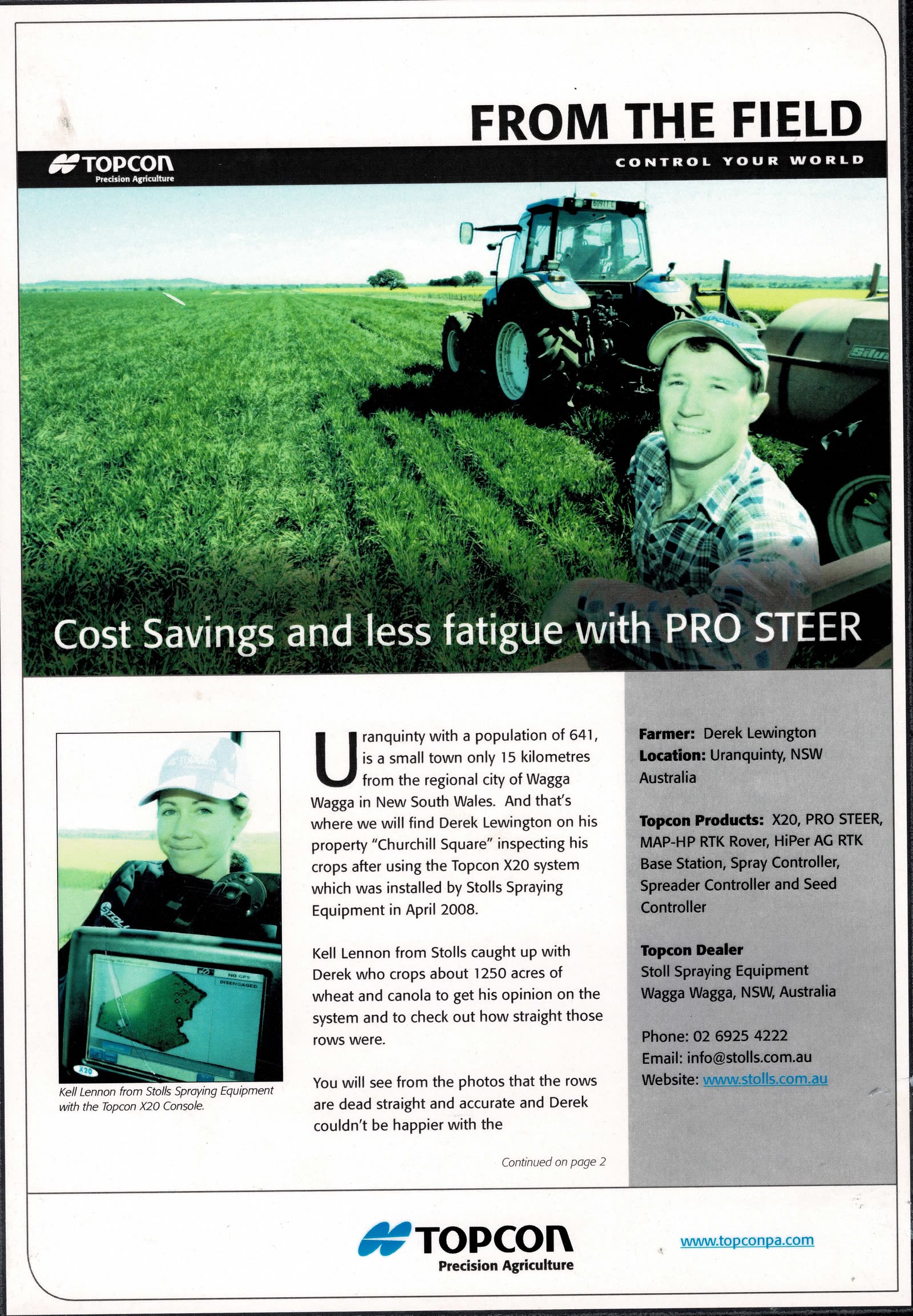 A Topcon From the Field case study sheet headed “Cost savings and less fatigue with PRO STEER”, naming Stoll Spraying Equipment of Wagga Wagga as the Topcon dealer